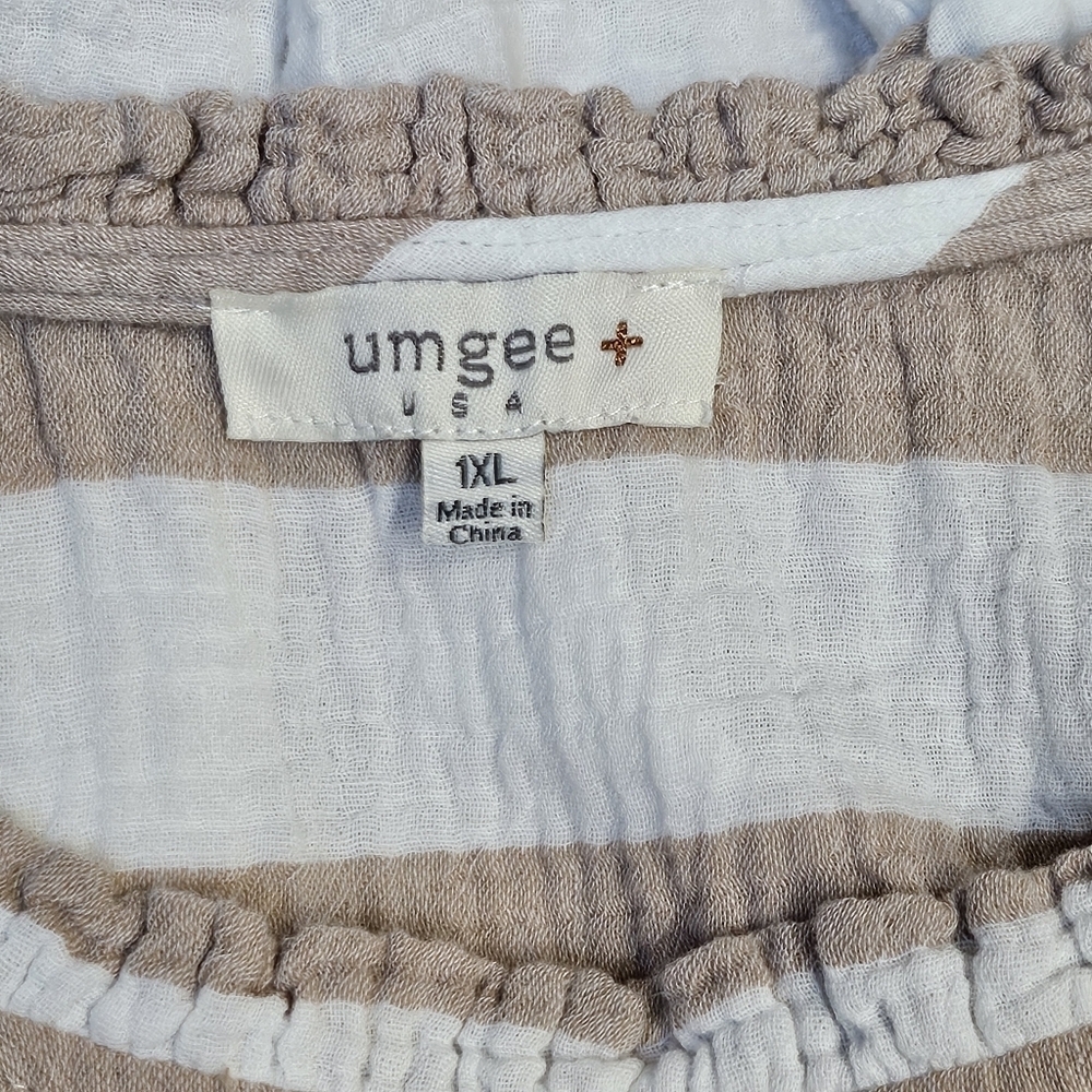 Umgee Tan & White Stripped Ruffled 100% Cotton Pullover Blouse Size 1XL - Picture 7 of 8